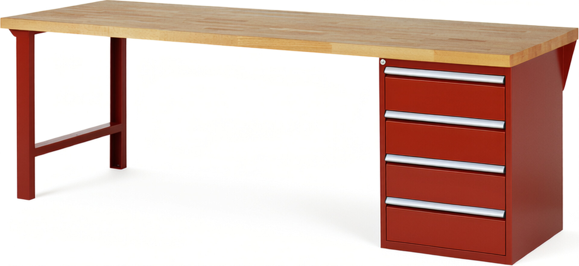Werkbank Modell 7509 rot, BxTxH 2500x900x890 mm,  Buche-Massiv Arbeitsplatte 40 mm,  4 Schubladen mit  Vollauszug 100 % und  SoftClosing