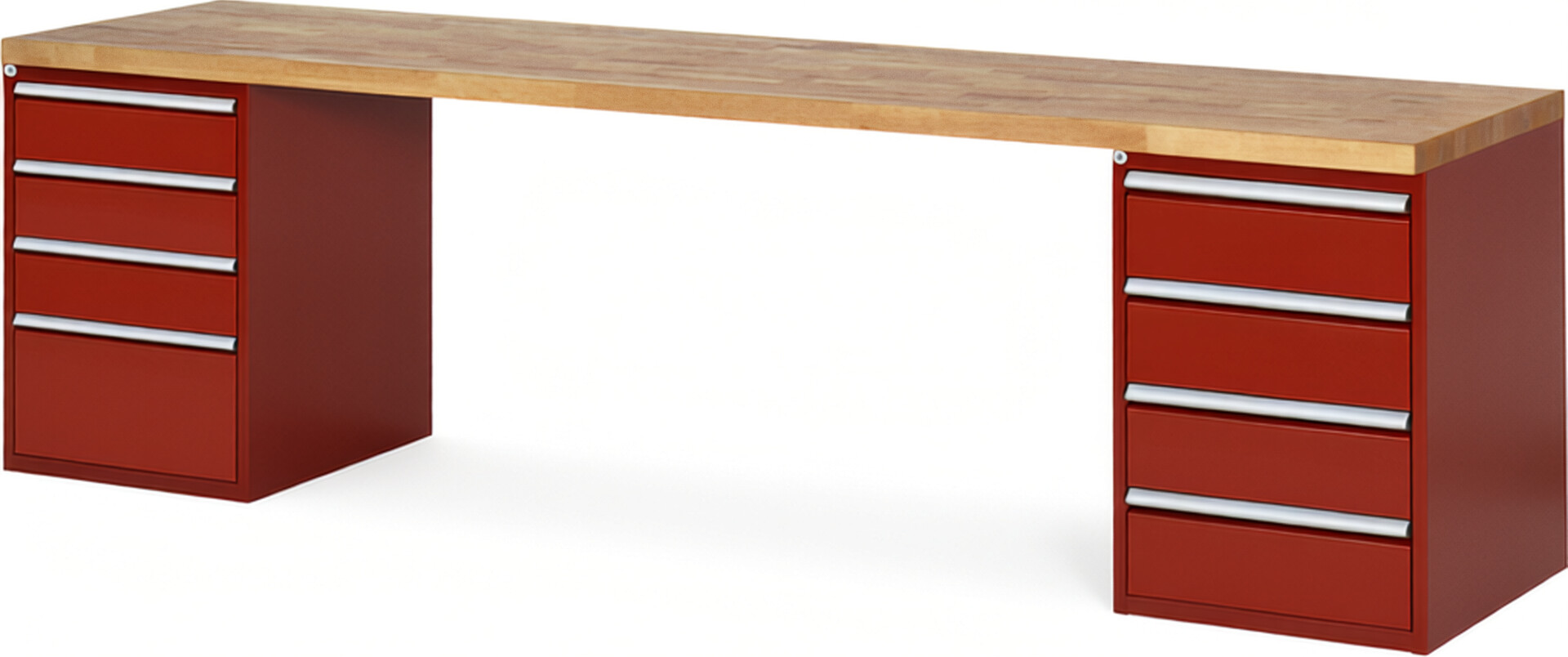 Werkbank Modell 7820 rot, BxTxH 3000x700x890 mm,  Buche-Massiv Arbeitsplatte 40 mm,  8 Schubladen mit  Vollauszug 100 % und  SoftClosing