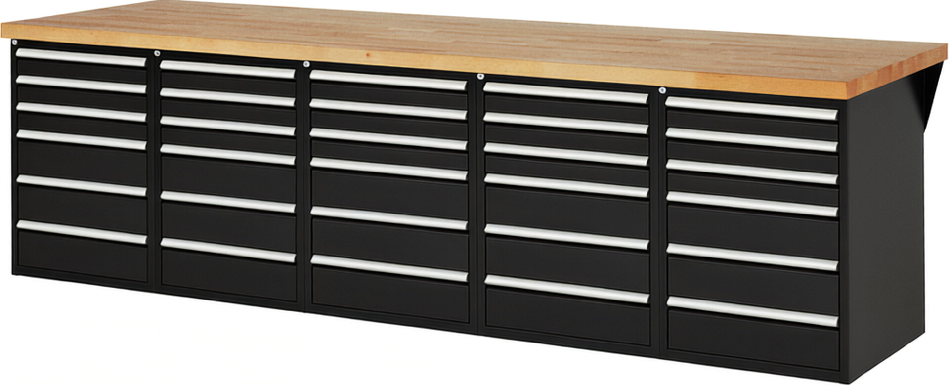Werkbank Modell 7515 schwarz, BxTxH 3000x900x890 mm,  Buche-Massiv Arbeitsplatte 40 mm,  30 Schubladen mit  Auszug 90 %