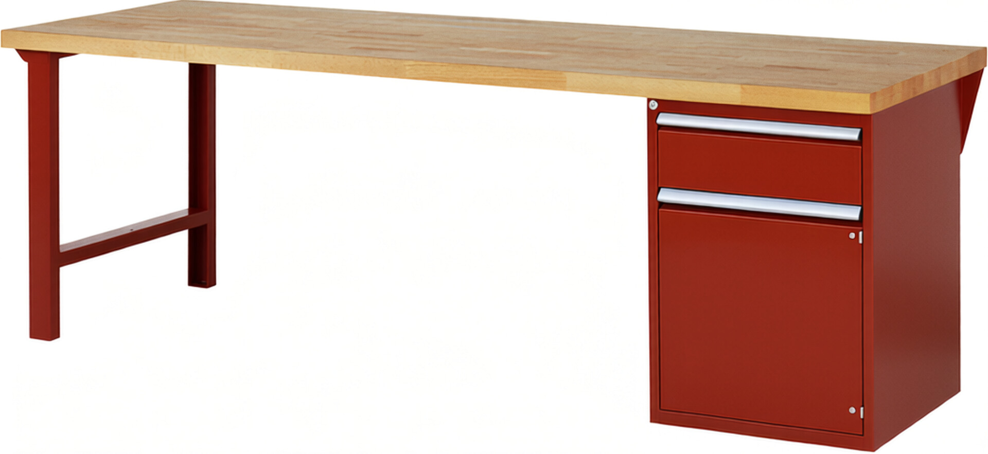 Werkbank Modell 7502 rot, BxTxH 2500x900x890 mm,  Buche-Massiv Arbeitsplatte 40 mm,  1 Schublade mit  Auszug 90 %
