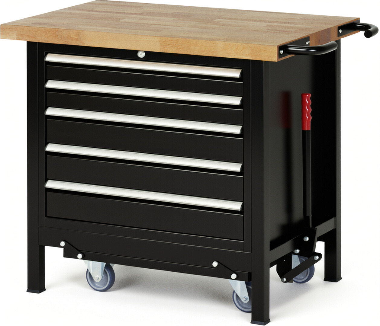 Absenkbare Werkbank Modell 8271 schwarz, BxTxH 1000x700x880 mm,  Buche-Massiv Arbeitsplatte 40 mm,  5 Schubladen mit  Auszug 90 %