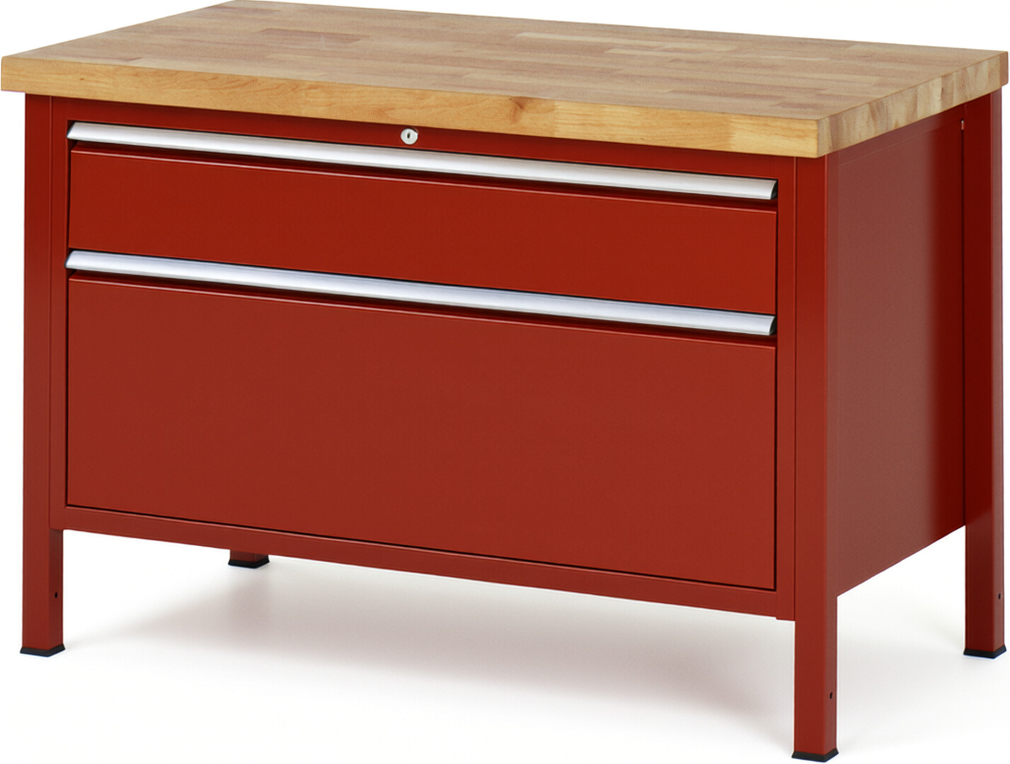 Werkbank Modell 8356 rot, BxTxH 1250x700x840 mm,  Buche-Massiv Arbeitsplatte 40 mm,  2 Schubladen mit  Vollauszug 100 % und  SoftClosing