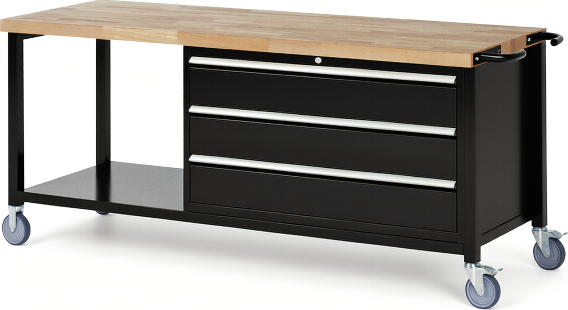 Fahrbare Werkbank Modell 8357 schwarz, BxTxH 2000x700x880 mm,  Buche-Massiv Arbeitsplatte 40 mm,  3 Schubladen mit  Auszug 90 %