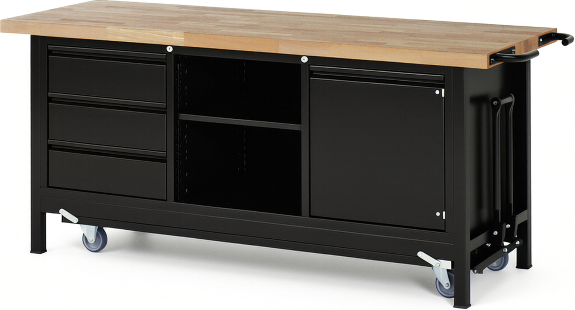Absenkbare Werkbank - Modell 8563 BASIC schwarz, BxTxH 2000x700x880 mm,  Buche-Massiv Arbeitsplatte 40 mm,  3 Schubladen mit  Auszug 90 %