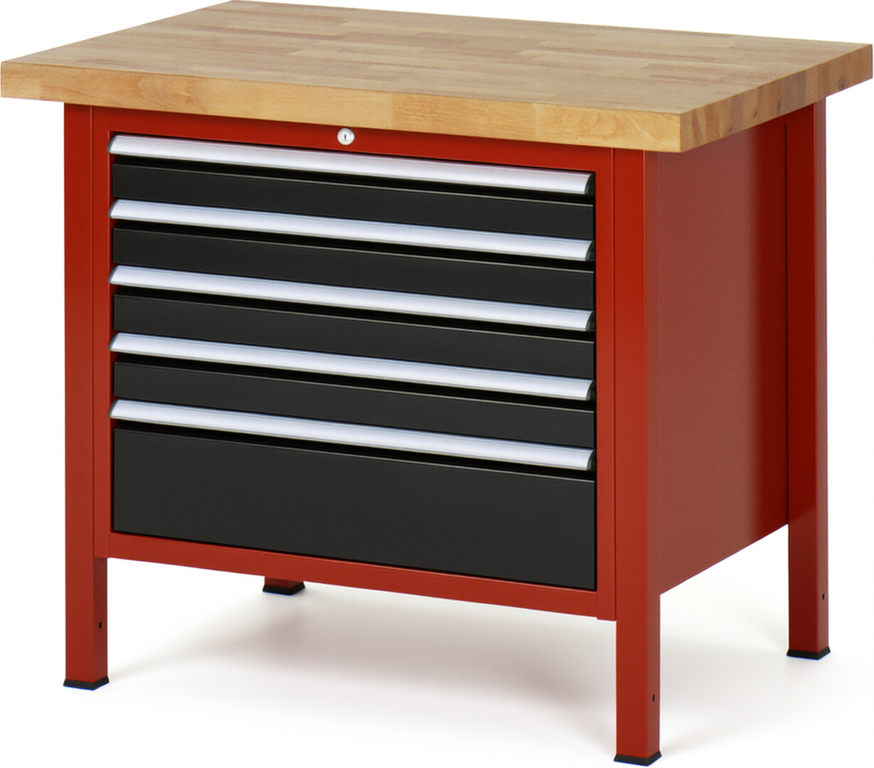 Werkbank Modell 8268 rot - schwarz, BxTxH 1000x700x840-1040 mm,  Buche-Massiv Arbeitsplatte 40 mm,  5 Schubladen mit  Auszug 90 %