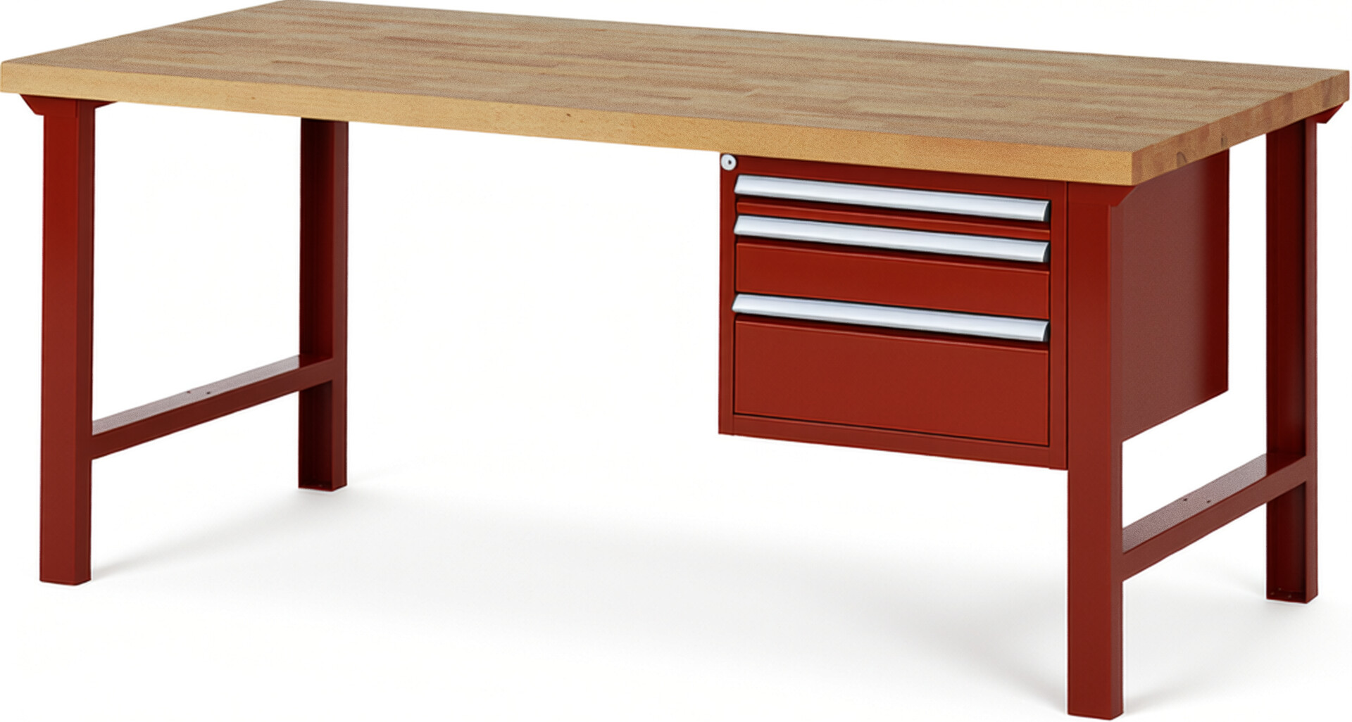 Werkbank Modell 7126 rot, BxTxH 2000x900x840 mm,  Buche-Massiv Arbeitsplatte 40 mm,  3 Schubladen mit  Vollauszug 100 % und  SoftClosing