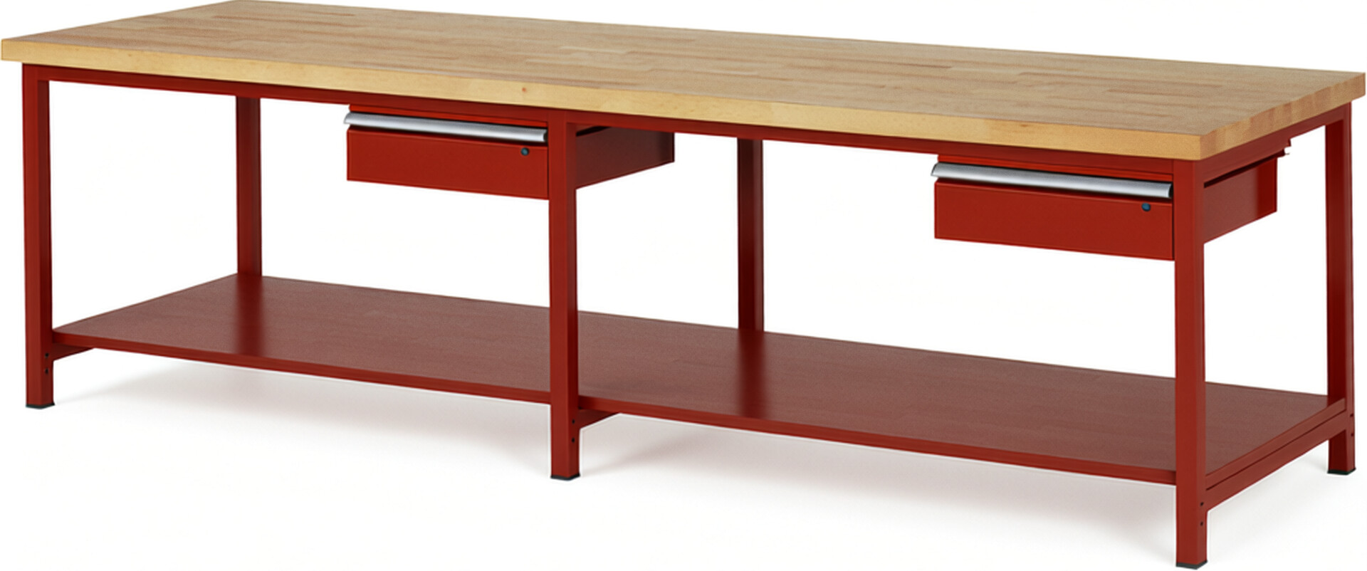 Werkbank Modell 8001 rot, BxTxH 3000x900x840-1040 mm,  Buche-Massiv Arbeitsplatte 40 mm,  2 Schubladen mit  Auszug 90 %