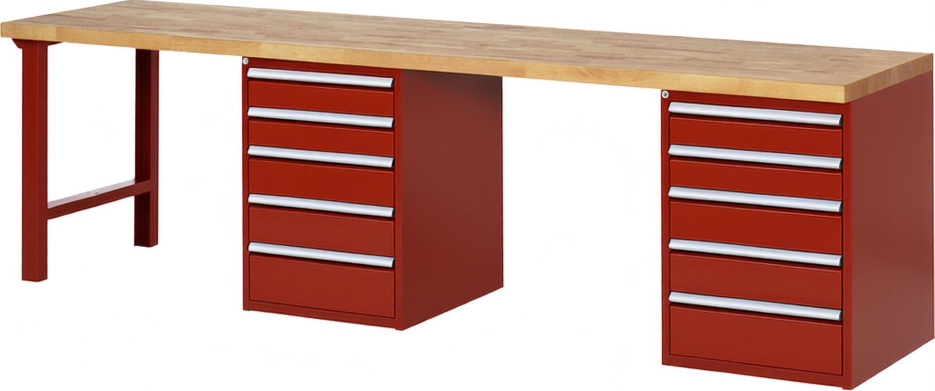 Werkbank Modell 7513 rot, BxTxH 3000x700x840 mm,  Buche-Massiv Arbeitsplatte 40 mm,  10 Schubladen mit  Auszug 90 %