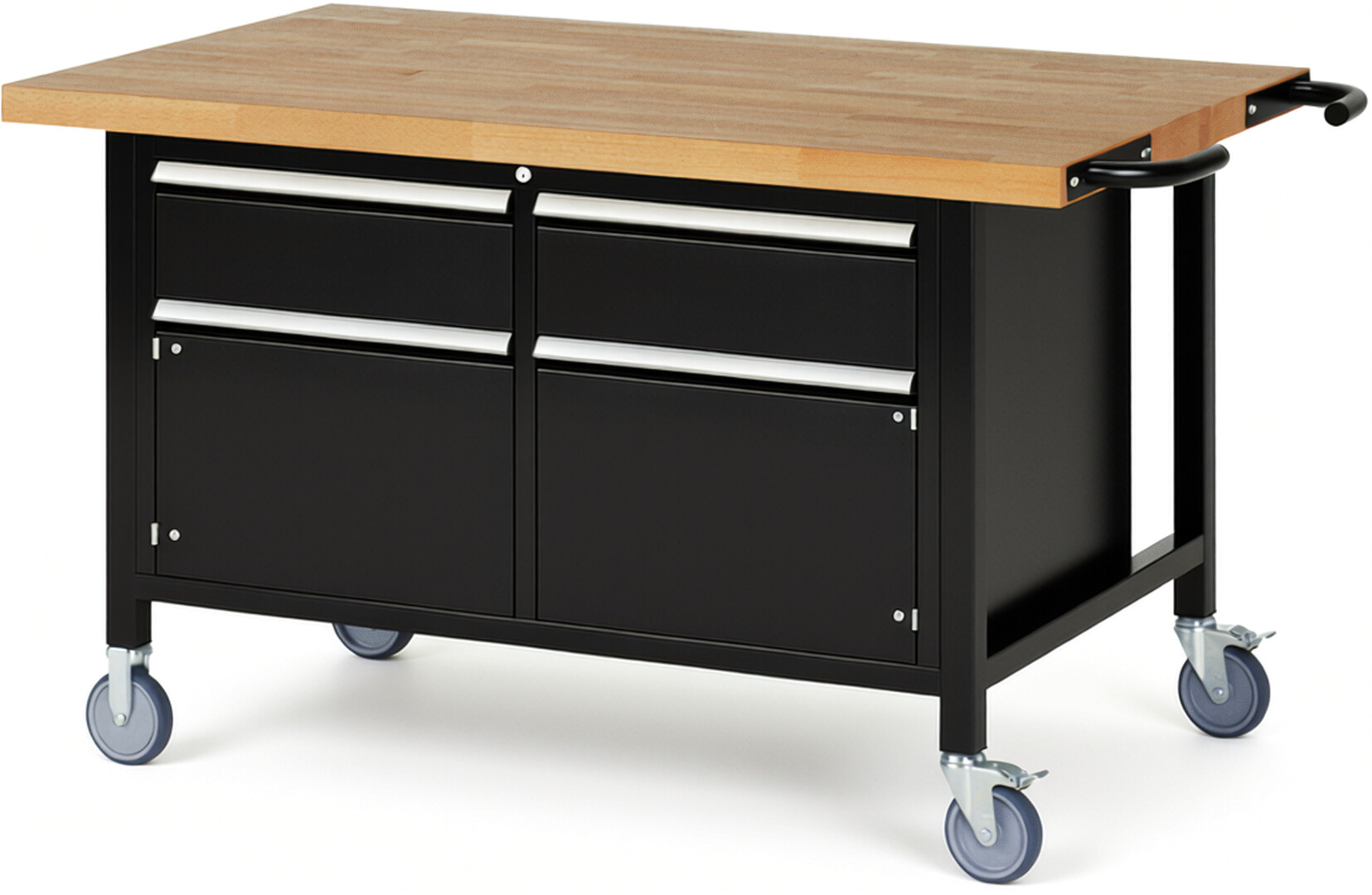 Fahrbare Werkbank Modell 8466 schwarz, BxTxH 1500x900x880 mm,  Buche-Massiv Arbeitsplatte 40 mm,  2 Schubladen mit  Auszug 90 %