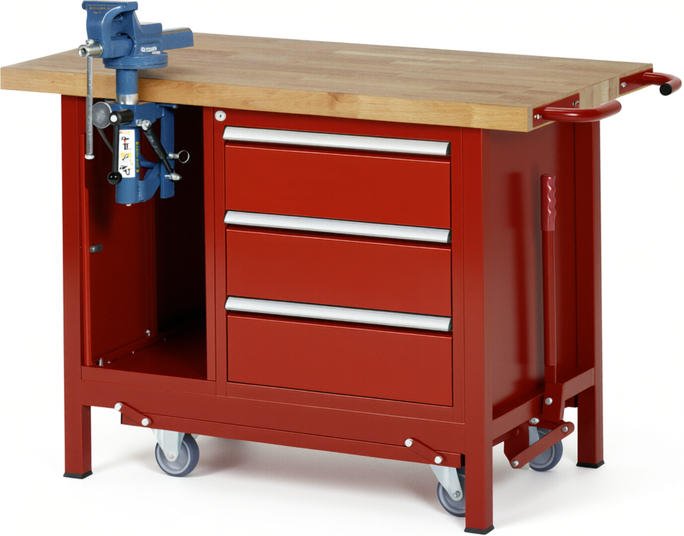 Absenkbare Werkbank Modell 8183 rot, BxTxH 1250x700x880 mm,  Buche-Massiv Arbeitsplatte 40 mm,  3 Schubladen mit  Vollauszug 100 % und  SoftClosing