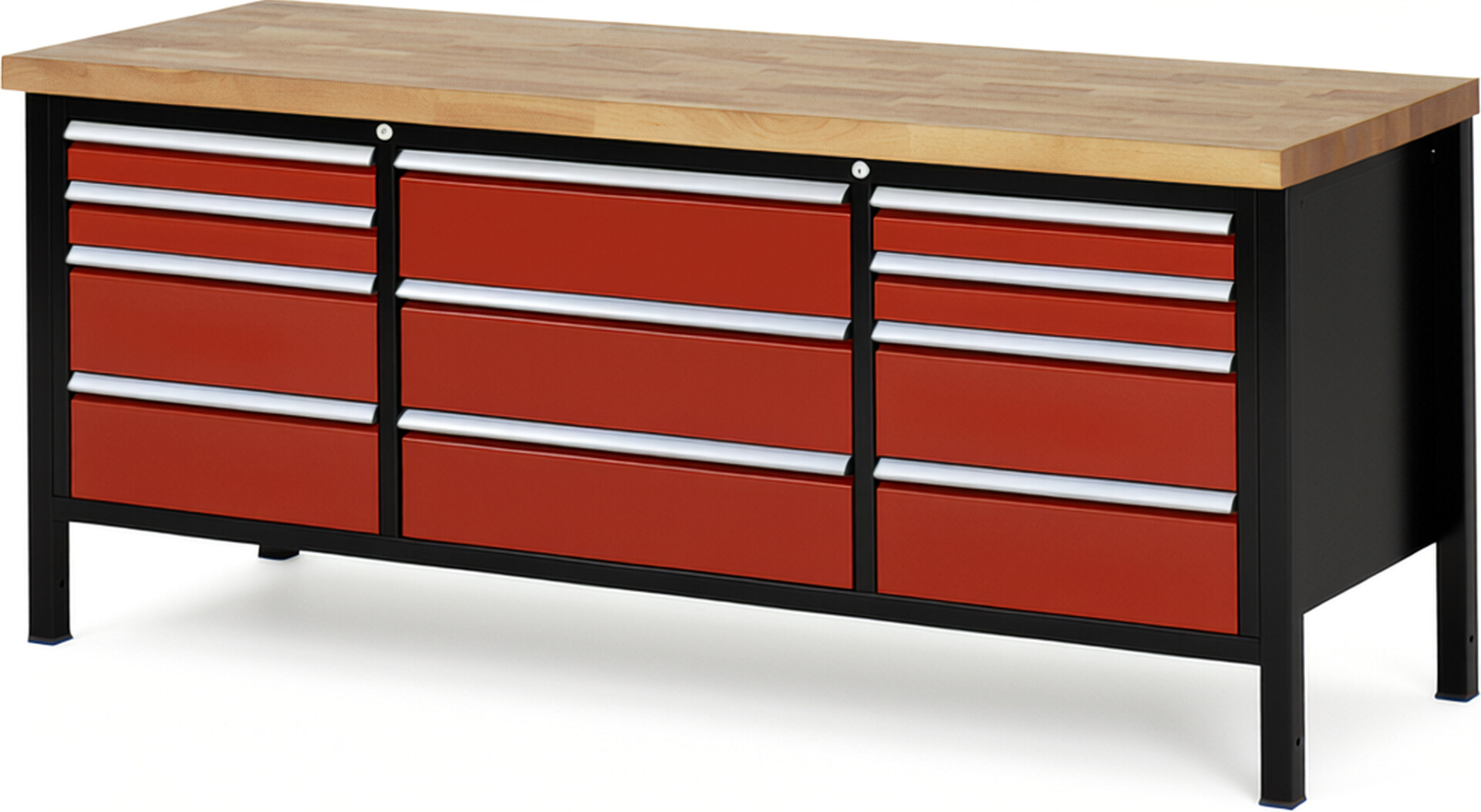 RAU Werkbank schwarz - rot - Breite 200 cm - Tiefe 70 cm - Höhe 104 cm - Buche-Massiv Arbeitsplatte 40 mm