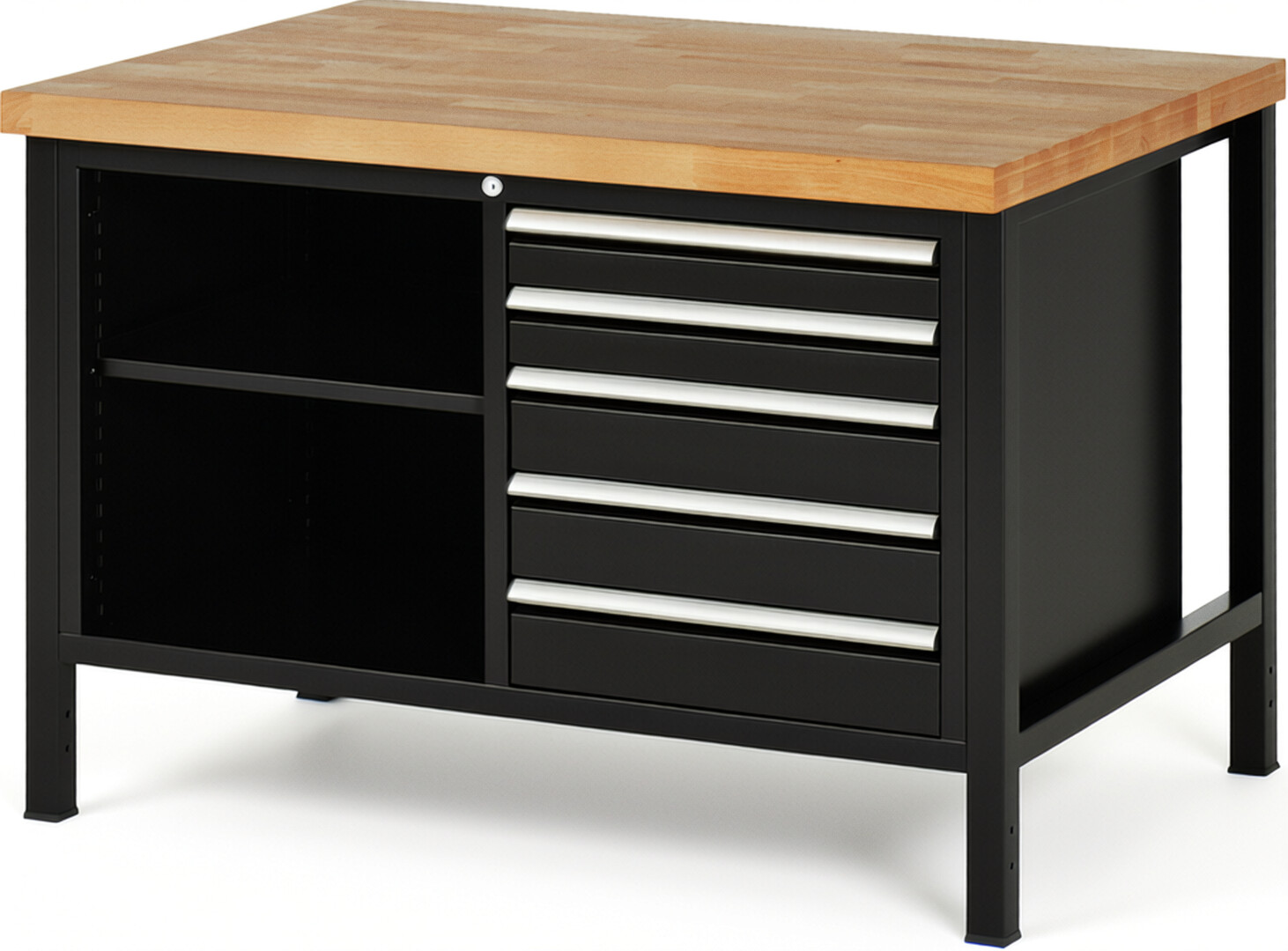 Werkbank Modell 8464 schwarz, BxTxH 1250x900x840 mm,  Buche-Massiv Arbeitsplatte 40 mm,  5 Schubladen mit  Vollauszug 100 % und  SoftClosing