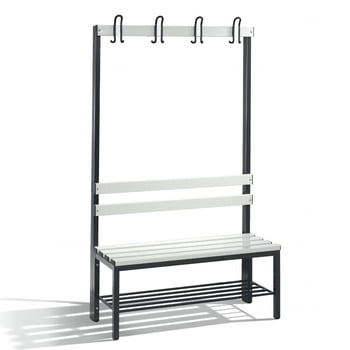 C+P Sitzbank für Umkleide und Garderobe, Rückenlehne, 4 Doppelhaken, Schuhrost, Gestell schwarzgrau, Kunststoffleisten, 1.650 x 1.000 x 403 mm (HxBxT)