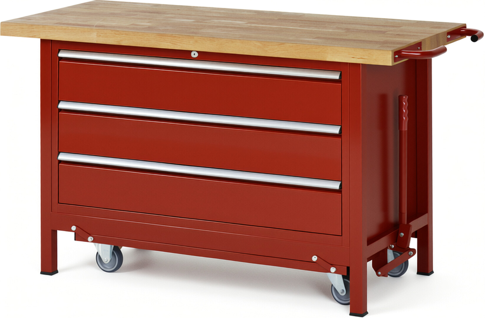 Absenkbare Werkbank Modell 8357 rot, BxTxH 1500x700x880 mm,  Buche-Massiv Arbeitsplatte 40 mm,  3 Schubladen mit  Vollauszug 100 % und  SoftClosing
