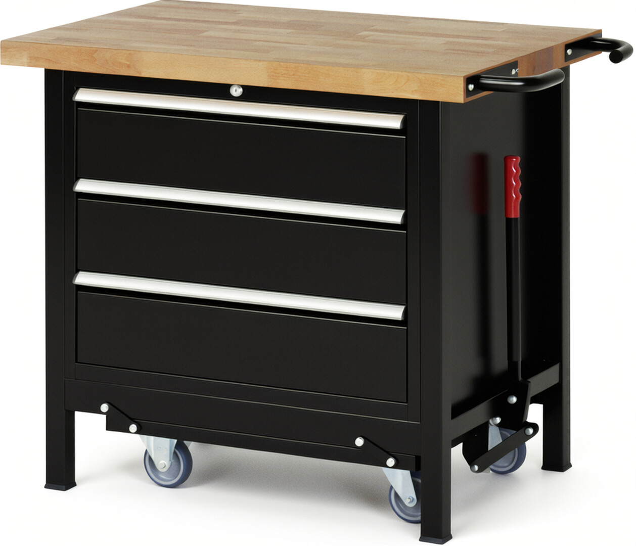 Absenkbare Werkbank Modell 8257 schwarz, BxTxH 1000x700x880 mm,  Buche-Massiv Arbeitsplatte 40 mm,  3 Schubladen mit  Vollauszug 100 % und  SoftClosing
