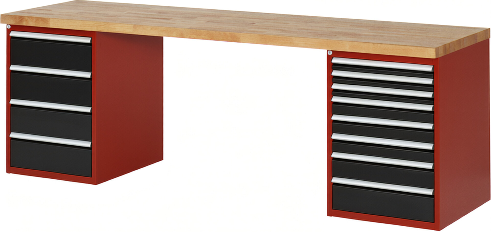 Werkbank Modell 7822 rot - schwarz, BxTxH 2500x700x840 mm,  Buche-Massiv Arbeitsplatte 40 mm,  12 Schubladen mit  Auszug 90 %