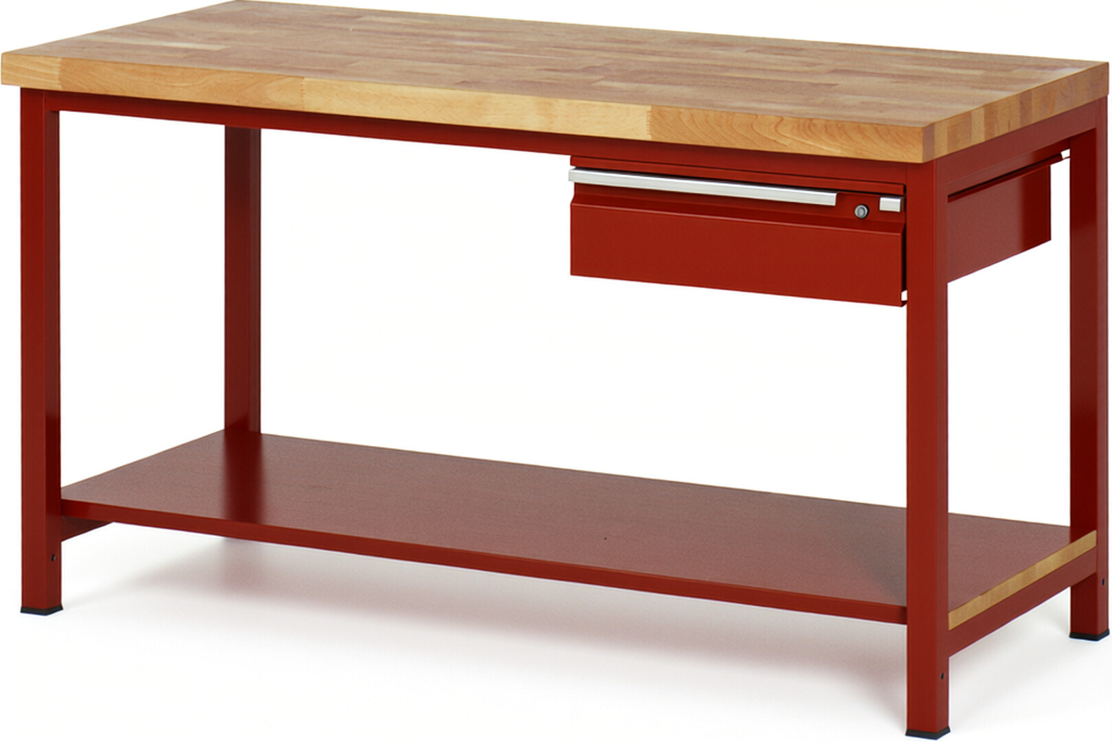 Werkbank - Modell 8001 BASIC rot, BxTxH 1500x700x840-1040 mm,  Buche-Massiv Arbeitsplatte 40 mm,  1 Schublade mit  Auszug 90 %