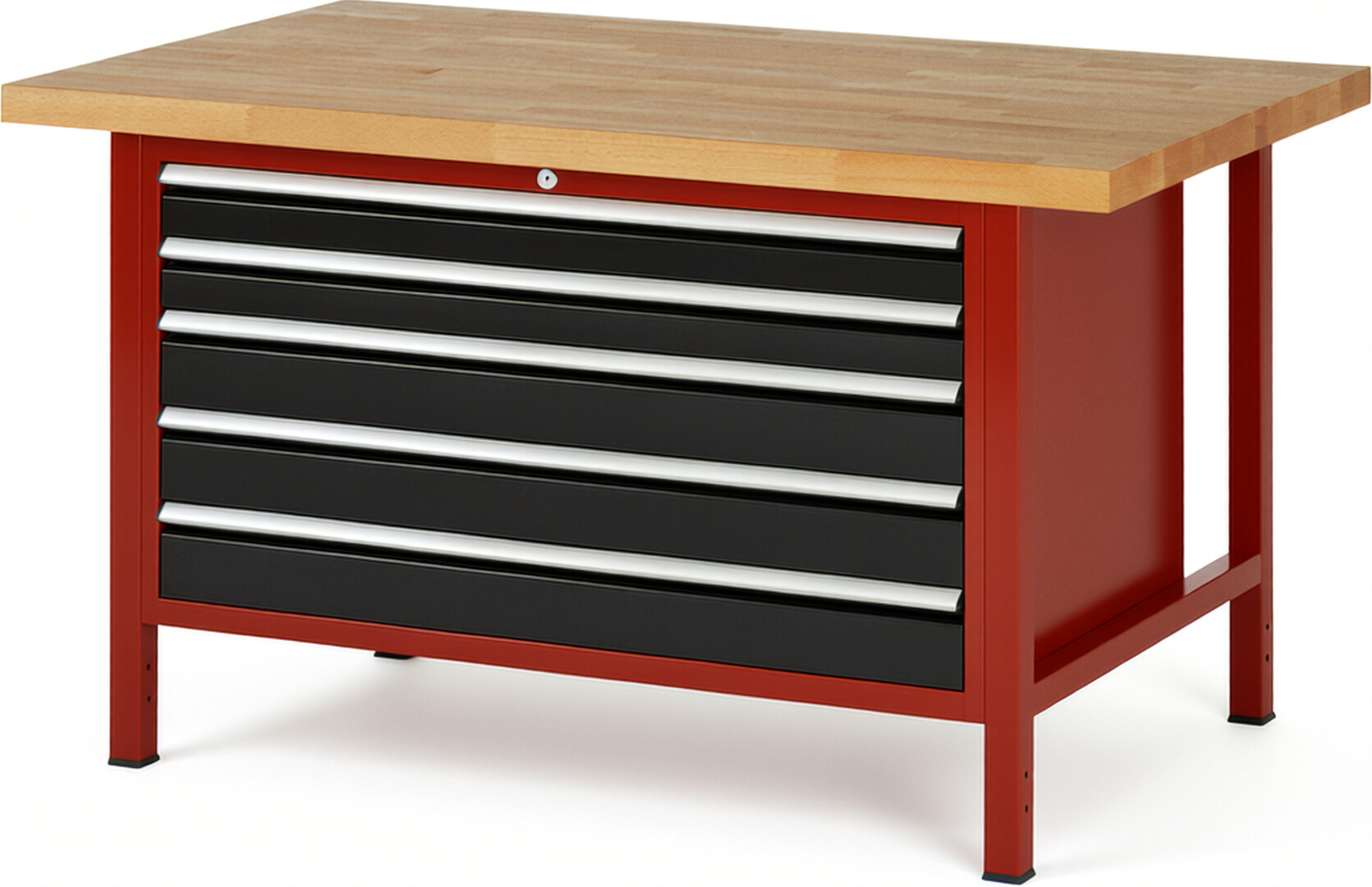 Werkbank Modell 8371 rot - schwarz, BxTxH 1500x900x840 mm,  Buche-Massiv Arbeitsplatte 40 mm,  5 Schubladen mit  Vollauszug 100 % und  SoftClosing