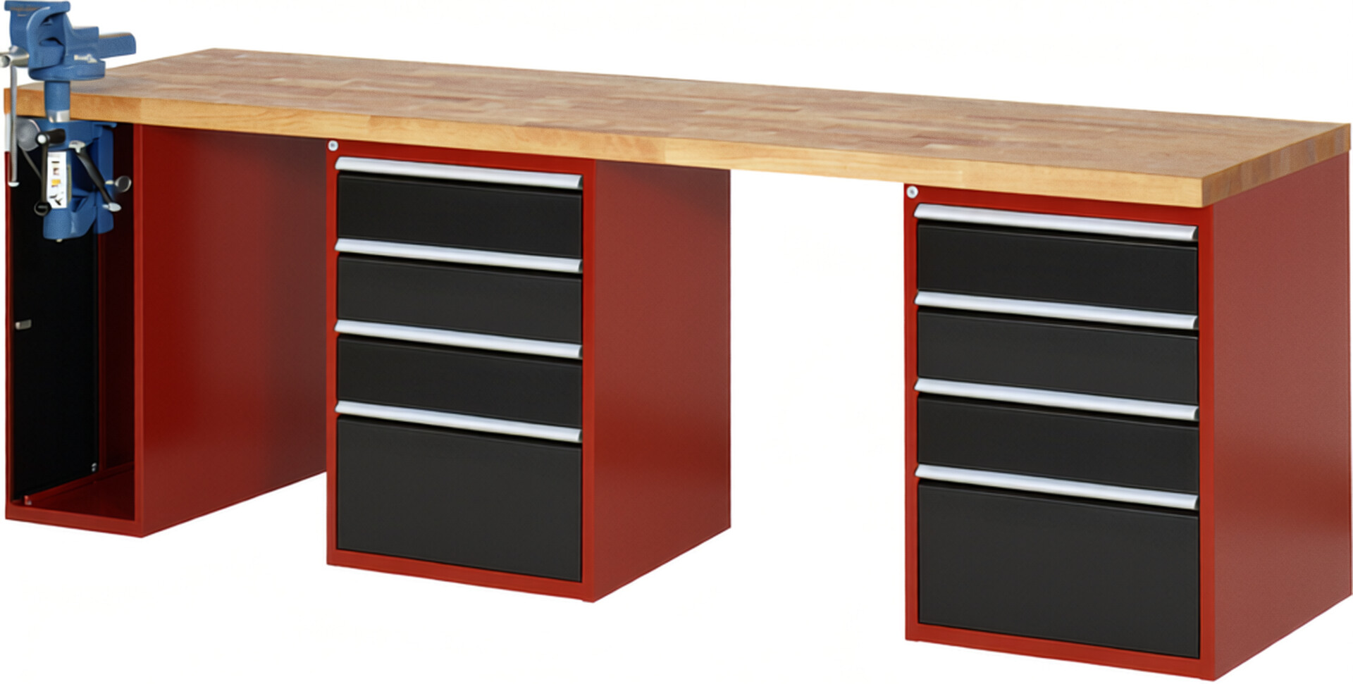 Werkbank Modell 7510 rot - schwarz, BxTxH 2500x700x890 mm,  Buche-Massiv Arbeitsplatte 40 mm,  8 Schubladen mit  Auszug 90 %