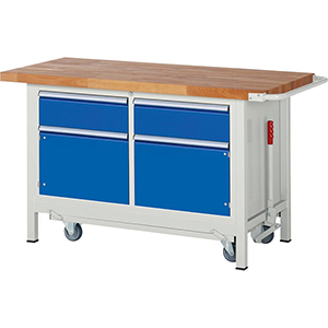 Werkbank mit absenkbarem Fahrgestell, Breite 150 cm, Tiefe 70 cm, Höhe 88 cm, 2 Schublade(n), Platte: Buche-Riegel