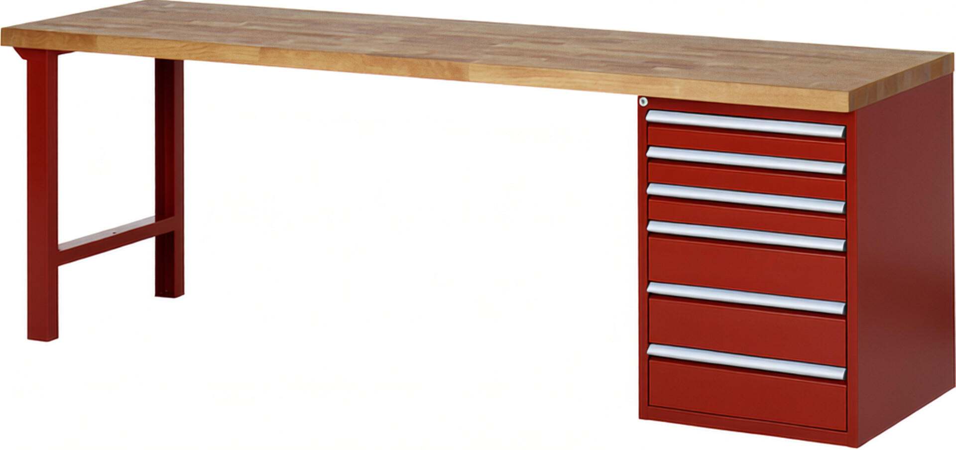 Werkbank Modell 7515 rot, BxTxH 2500x700x890 mm,  Buche-Massiv Arbeitsplatte 40 mm,  6 Schubladen mit  Auszug 90 %