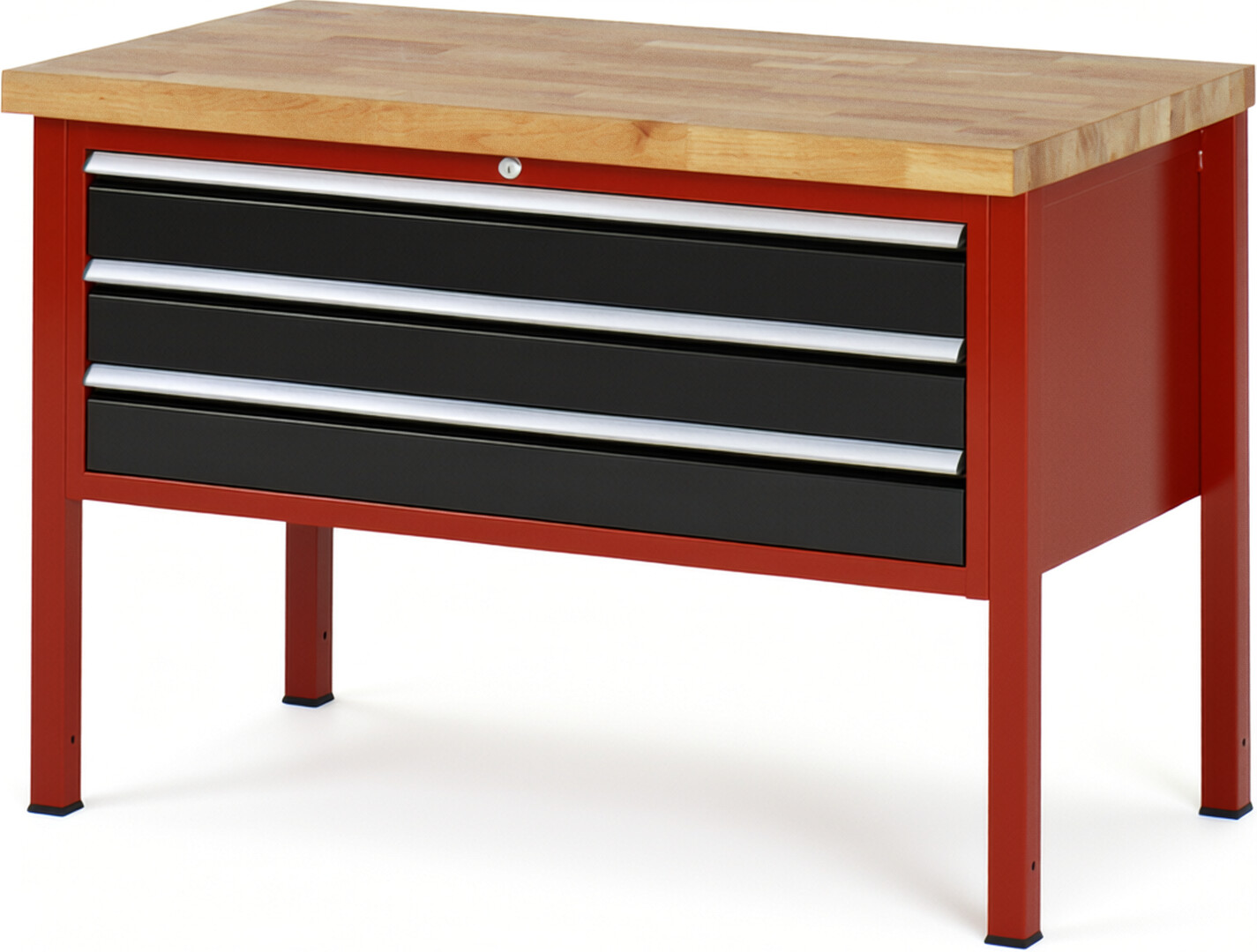 Werkbank Modell 8327 rot - schwarz, BxTxH 1250x700x840 mm,  Buche-Massiv Arbeitsplatte 40 mm,  3 Schubladen mit  Vollauszug 100 % und  SoftClosing