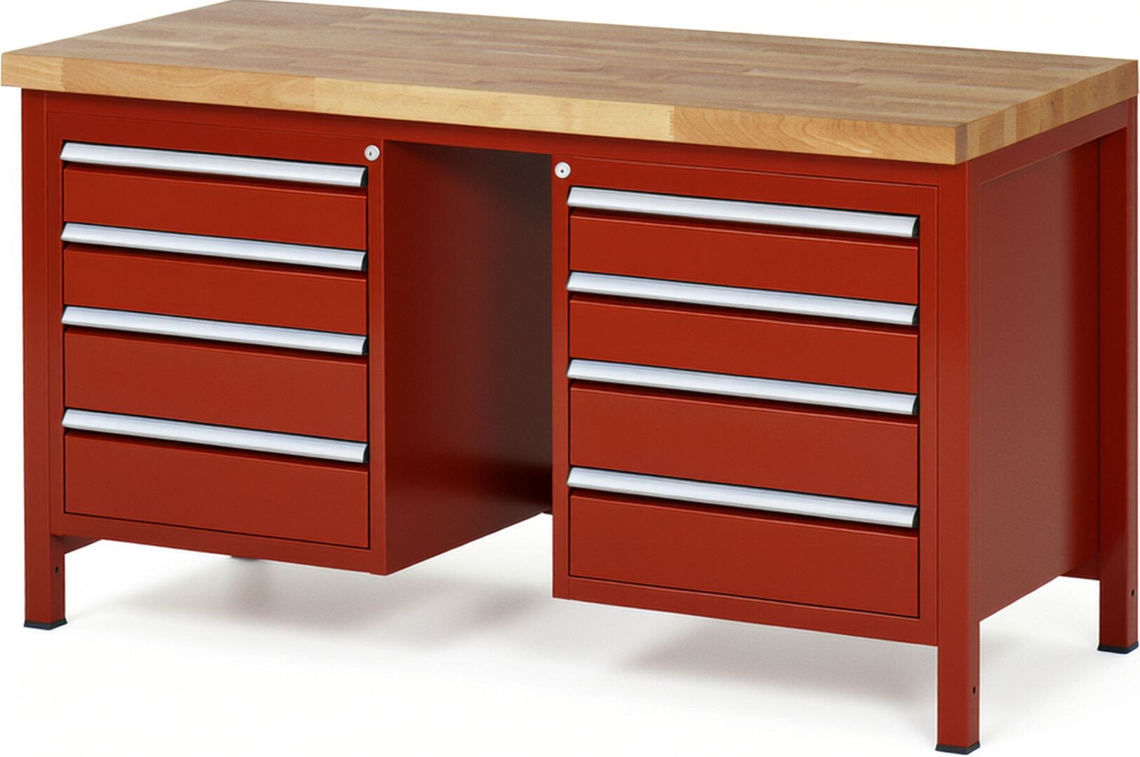Werkbank Modell 8181 rot, BxTxH 1500x700x840-1040 mm,  Buche-Massiv Arbeitsplatte 40 mm,  8 Schubladen mit  Auszug 90 %