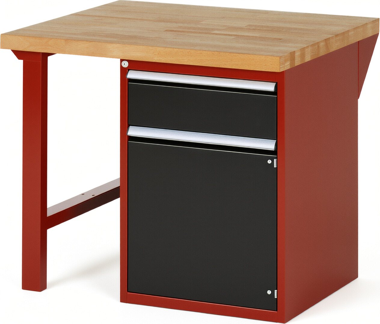 Werkbank Modell 7502 rot - schwarz, BxTxH 1000x900x890 mm,  Buche-Massiv Arbeitsplatte 40 mm,  1 Schublade mit  Vollauszug 100 % und  SoftClosing