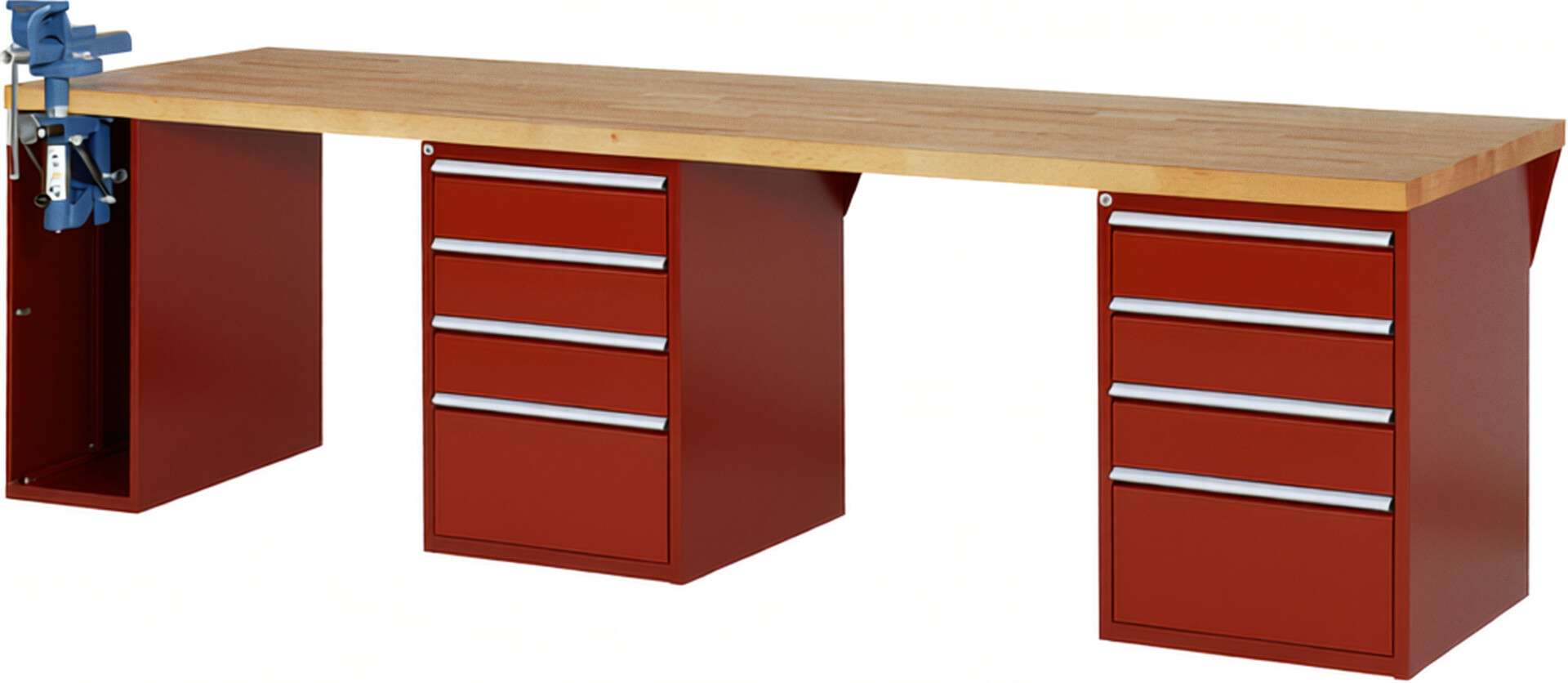 Werkbank Modell 7510 rot, BxTxH 3000x900x890 mm,  Buche-Massiv Arbeitsplatte 40 mm,  8 Schubladen mit  Auszug 90 %