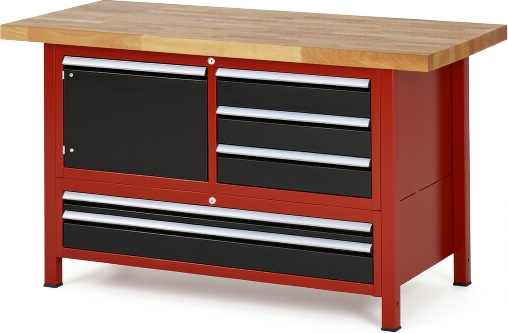 Werkbank Modell 8932 rot - schwarz, BxTxH 1500x700x840 mm,  Buche-Massiv Arbeitsplatte 40 mm,  5 Schubladen mit  Auszug 90 %