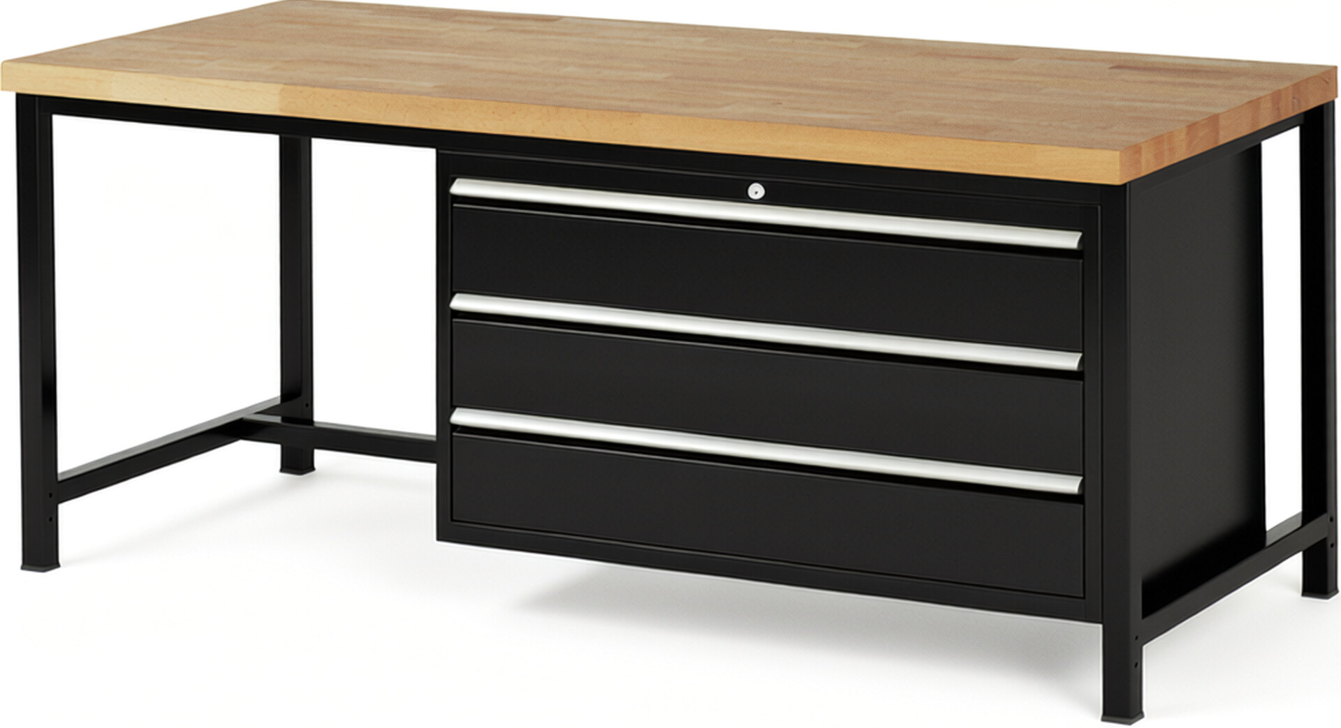 Werkbank Modell 8357 schwarz, BxTxH 2000x900x840-1040 mm,  Buche-Massiv Arbeitsplatte 40 mm,  3 Schubladen mit  Auszug 90 %