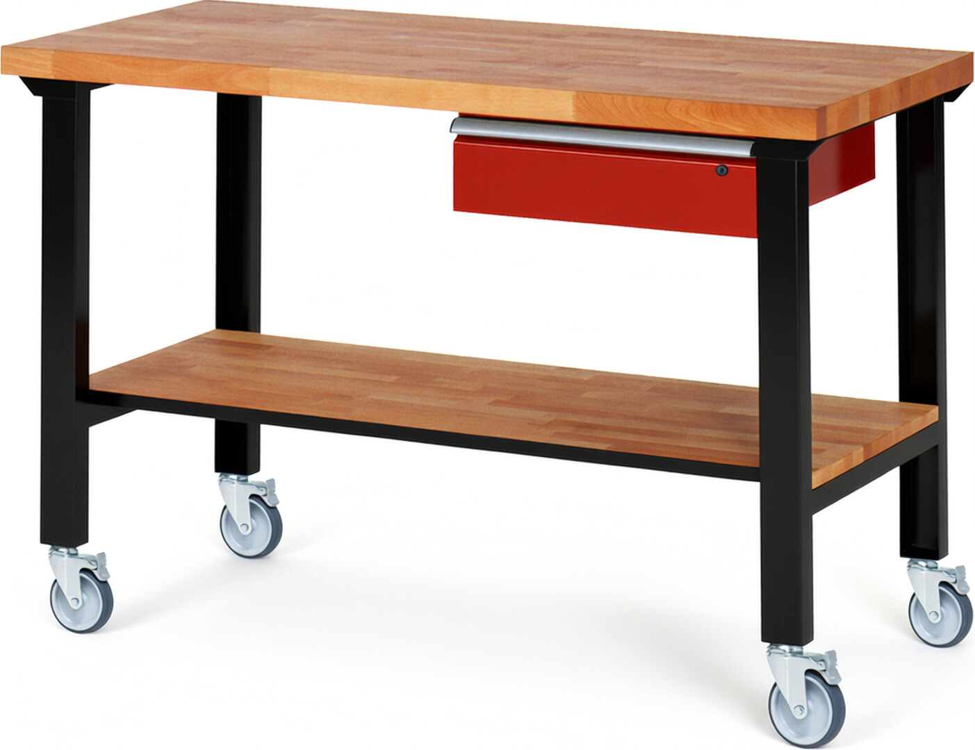 RAU Werkbank schwarz - rot - Breite 150 cm - Tiefe 70 cm - Höhe 100 cm - Buche-Massiv Arbeitsplatte 40 mm