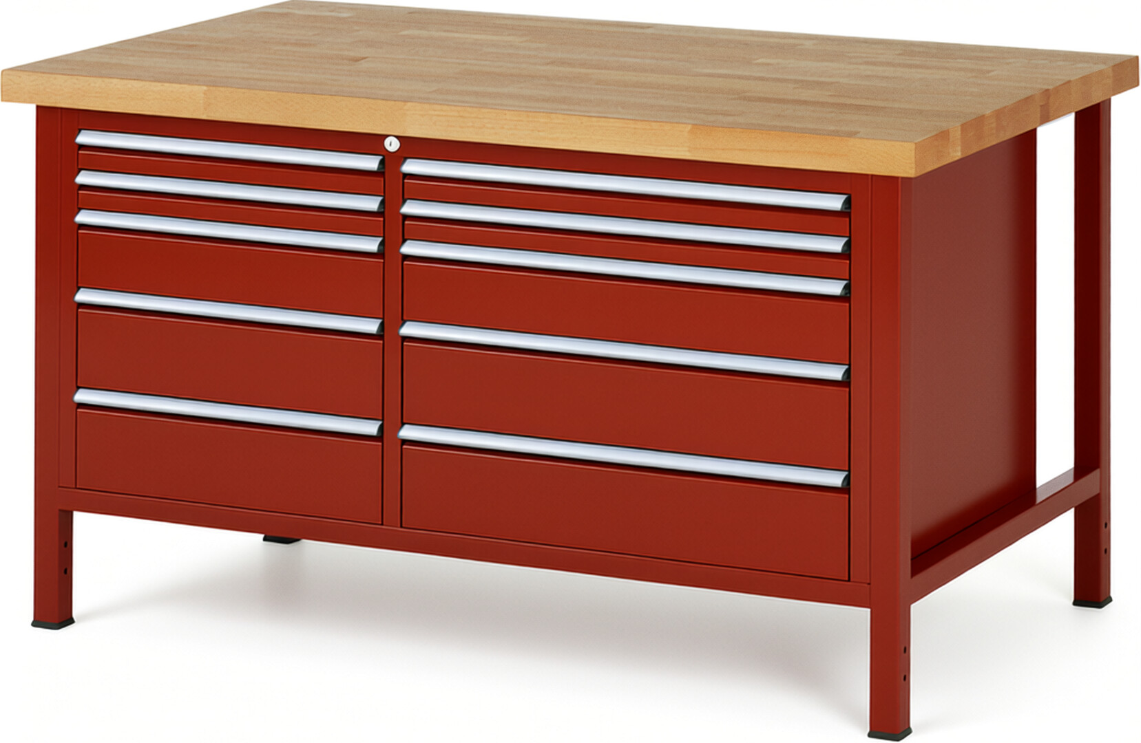 Werkbank Modell 8656 rot, BxTxH 1500x900x840 mm,  Buche-Massiv Arbeitsplatte 40 mm,  10 Schubladen mit  Vollauszug 100 % und  SoftClosing