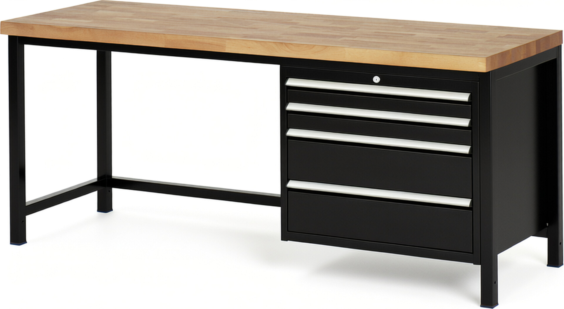 Werkbank Modell 8261 schwarz, BxTxH 2000x700x840 mm,  Buche-Massiv Arbeitsplatte 40 mm,  4 Schubladen mit  Vollauszug 100 % und  SoftClosing
