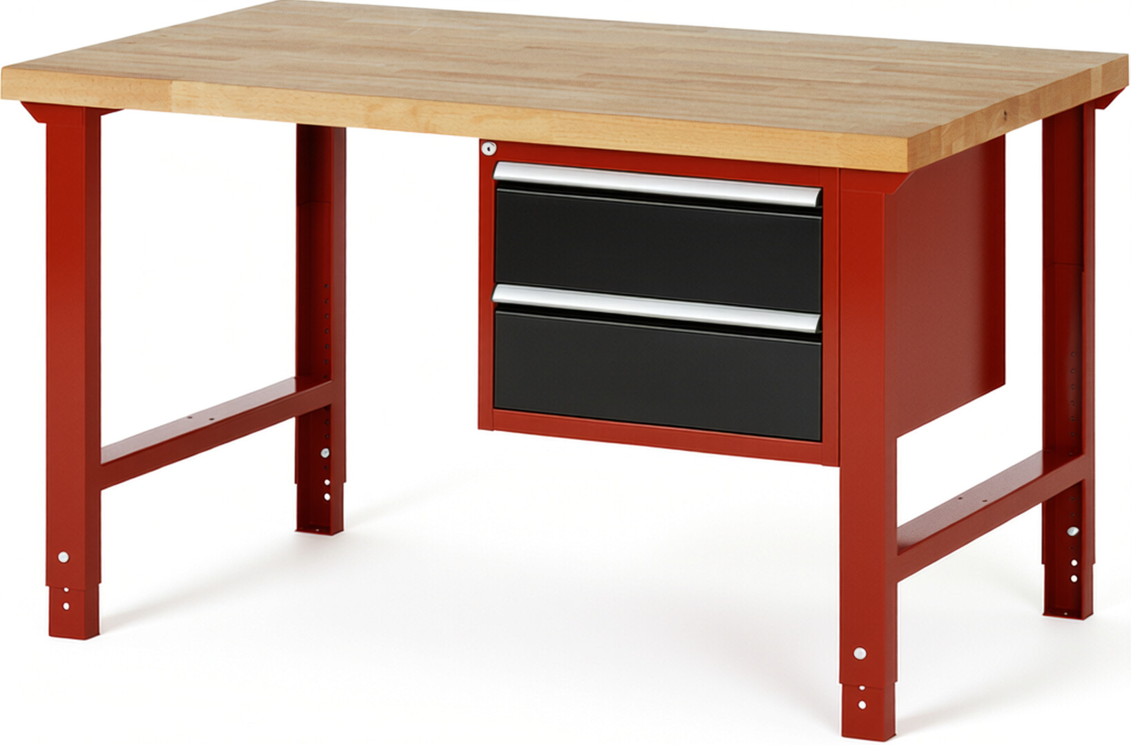 Werkbank Modell 7125 rot - schwarz, BxTxH 1500x900x790-1140 mm,  Buche-Massiv Arbeitsplatte 40 mm,  2 Schubladen mit  Vollauszug 100 % und  SoftClosing