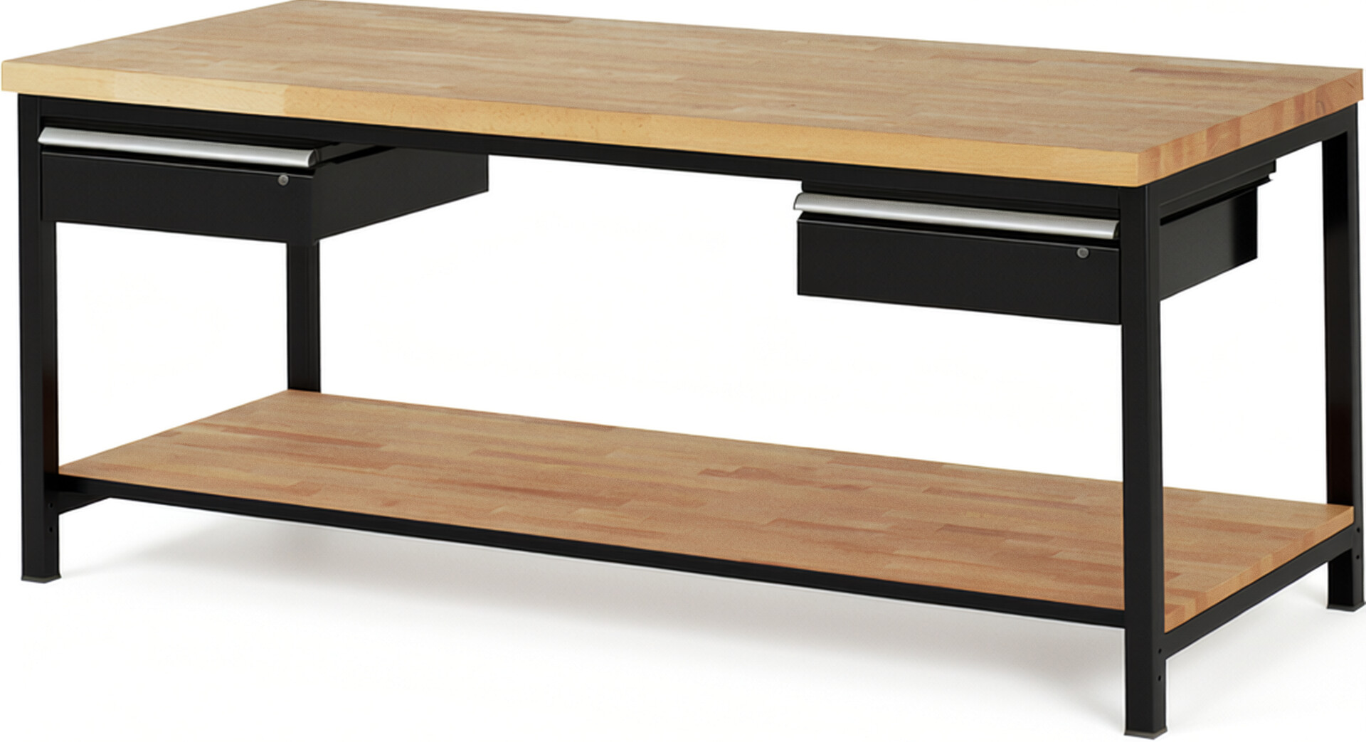 Werkbank Modell 8002 schwarz, BxTxH 2000x900x840-1040 mm,  Buche-Massiv Arbeitsplatte 40 mm,  2 Schubladen mit  Auszug 90 %