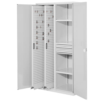 Werkzeugschrank - 2 Vertikalauszüge, 2 Schubladen, 3 Fachböden - Frontfarbe lichtgrau, Türen geschlossen, 1.950 x 1.000 x 600 mm (HxBxT)