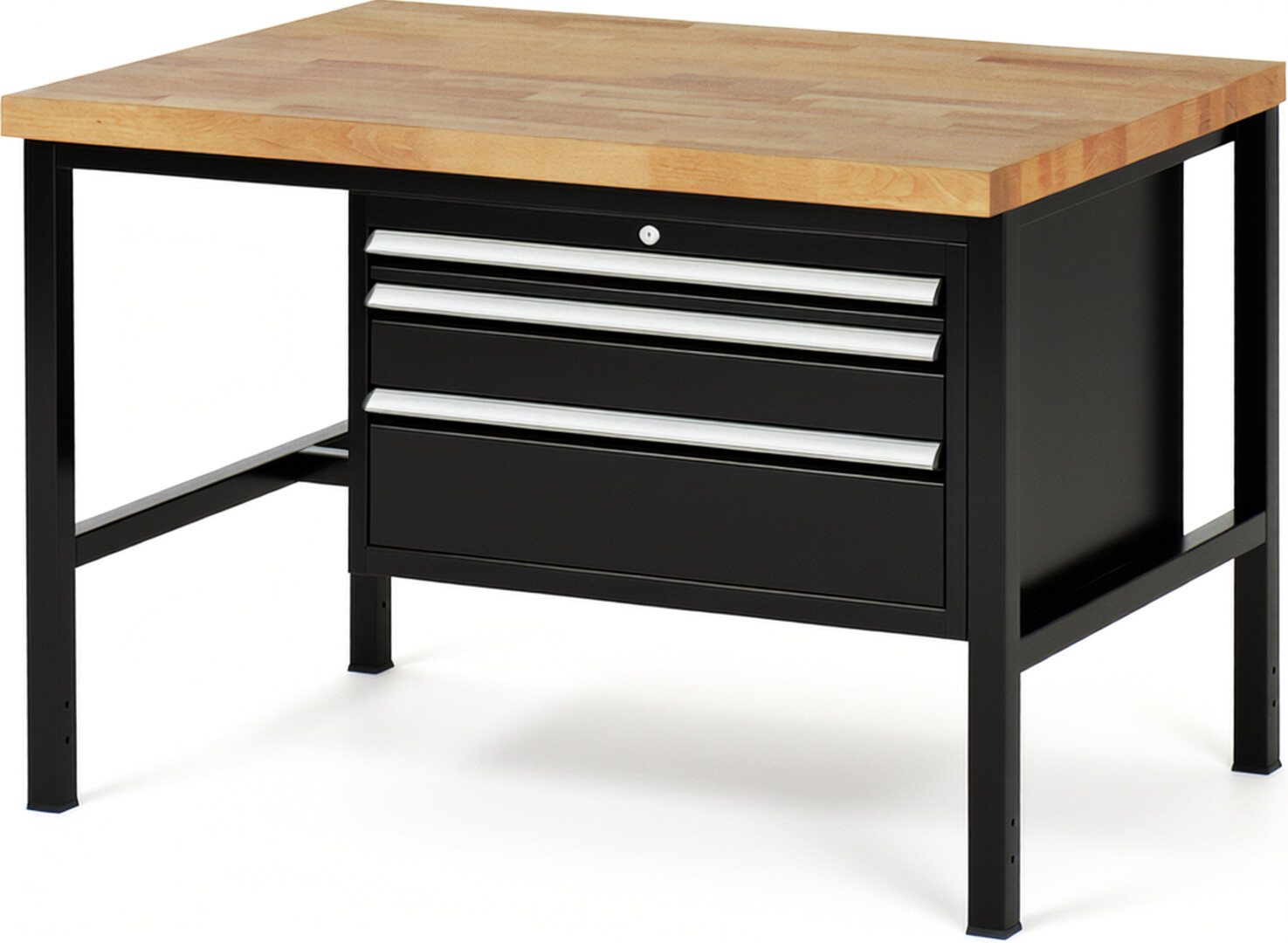 Werkbank Modell 8226 schwarz, BxTxH 1250x900x840-1040 mm,  Buche-Massiv Arbeitsplatte 40 mm,  3 Schubladen mit  Auszug 90 %