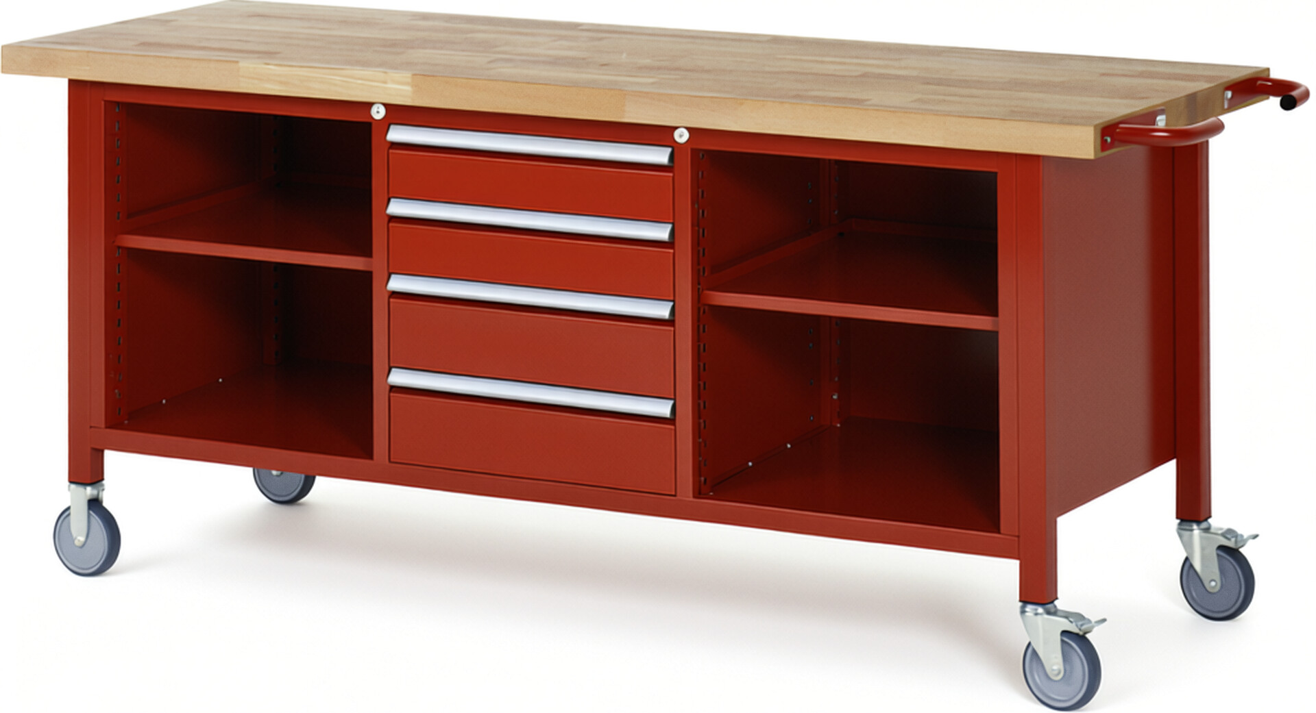 Fahrbare Werkbank Modell 8566 rot, BxTxH 2000x700x880 mm,  Buche-Massiv Arbeitsplatte 40 mm,  4 Schubladen mit  Auszug 90 %