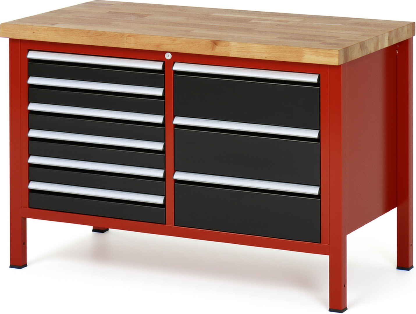 Werkbank Modell 8479 rot - schwarz, BxTxH 1250x700x840-1040 mm,  Buche-Massiv Arbeitsplatte 40 mm,  9 Schubladen mit  Vollauszug 100 % und  SoftClosing