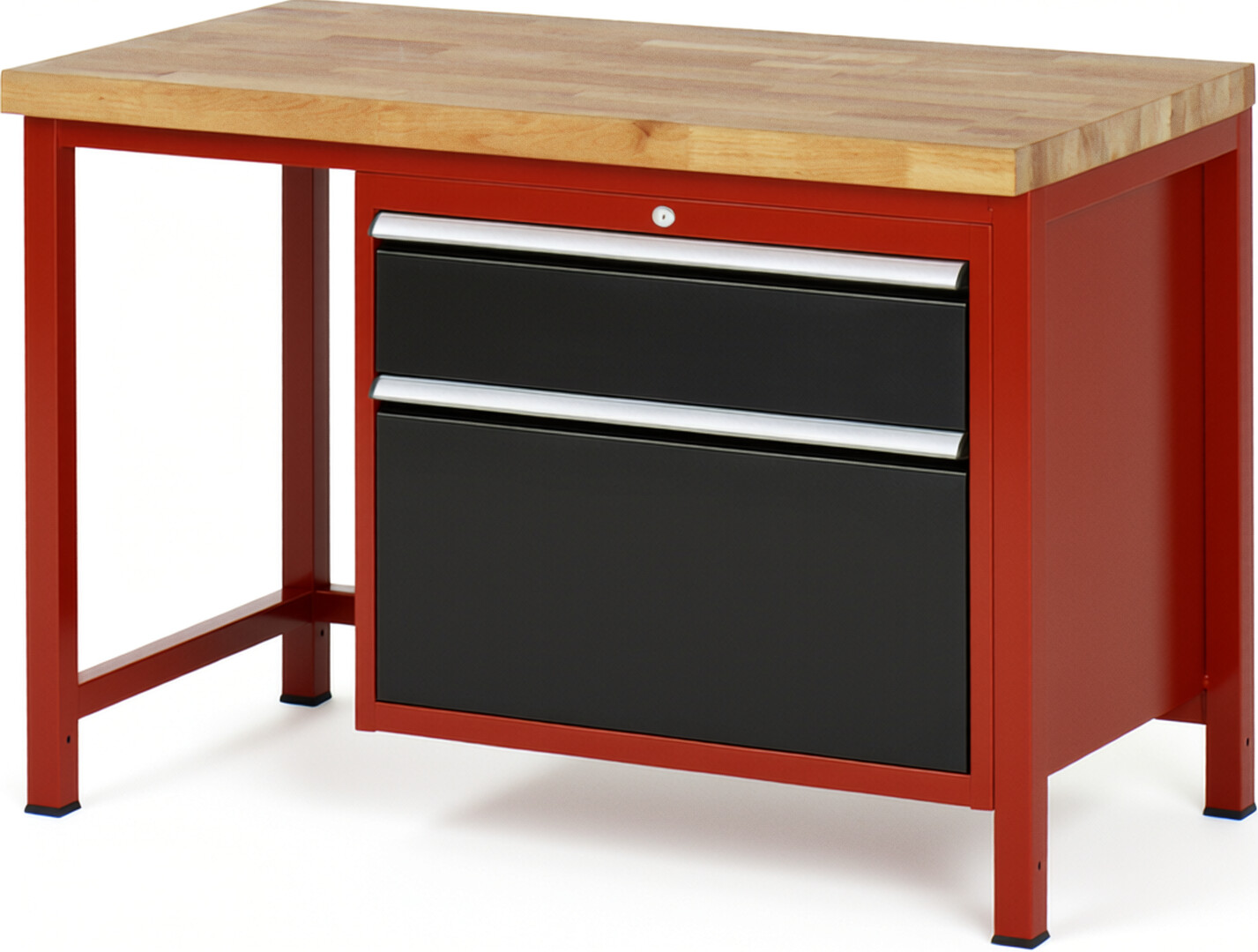 Werkbank Modell 8256 rot - schwarz, BxTxH 1250x700x840 mm,  Buche-Massiv Arbeitsplatte 40 mm,  2 Schubladen mit  Auszug 90 %