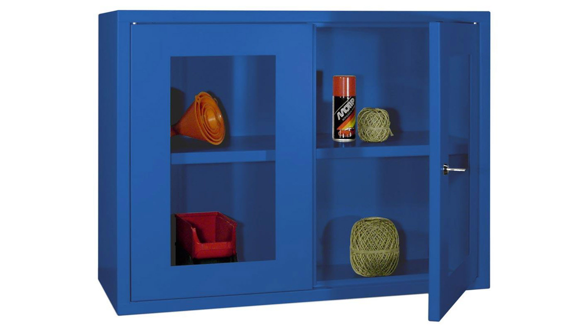 Hängeschrank aus Stahl - 2 Sichtfenstertüren - 600x800x300 mm (HxBxT) - enzianblau