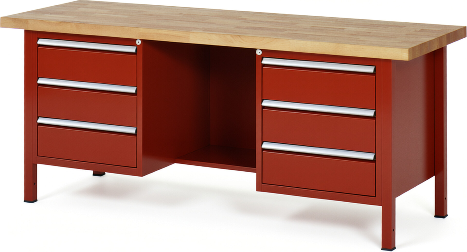 Werkbank Modell 8554 rot, BxTxH 2000x700x840 mm,  Buche-Massiv Arbeitsplatte 40 mm,  6 Schubladen mit  Vollauszug 100 % und  SoftClosing