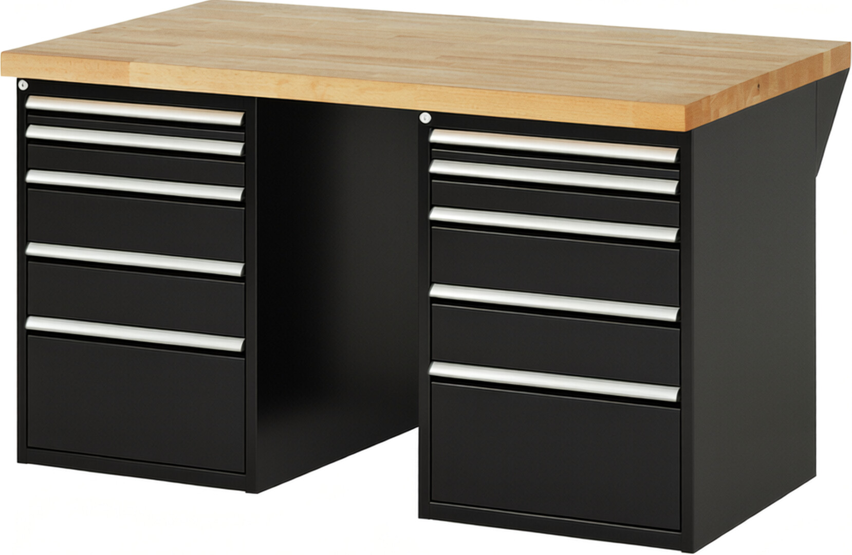 Werkbank Modell 7511 schwarz, BxTxH 1500x900x890 mm,  Buche-Massiv Arbeitsplatte 40 mm,  10 Schubladen mit  Vollauszug 100 % und  SoftClosing