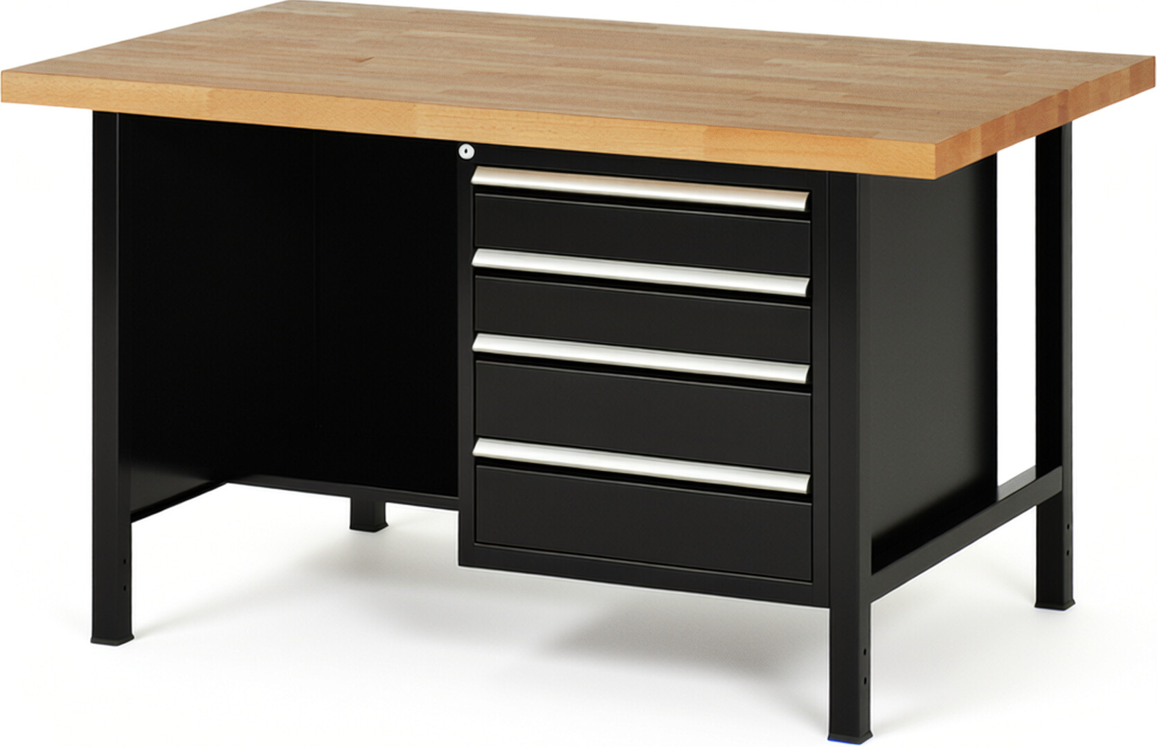 Werkbank Modell 8453 schwarz, BxTxH 1500x900x840 mm,  Buche-Massiv Arbeitsplatte 40 mm,  4 Schubladen mit  Auszug 90 %