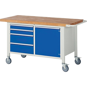 Fahrbare Werkbank, BxTxH 1500x700x880 mm, 4 Schubladen: 2x90, 2x180 mm, 1 Tür 540 mm inkl. 1 Boden, Platte Buche 40 mm, RAL 7035/5010