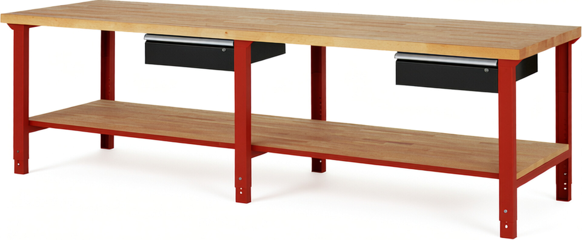 Werkbank Modell 7001 rot - schwarz, BxTxH 3000x900x790-1140 mm,  Buche-Massiv Arbeitsplatte 40 mm,  2 Schubladen mit  Auszug 90 %