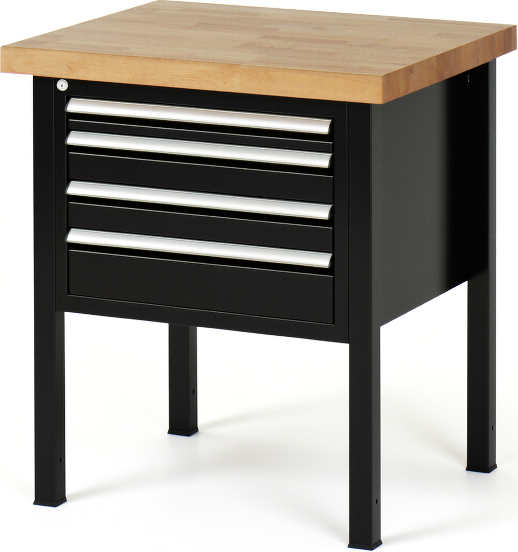 Werkbank Modell 8132 schwarz, BxTxH 750x700x840 mm,  Buche-Massiv Arbeitsplatte 40 mm,  4 Schubladen mit  Vollauszug 100 % und  SoftClosing