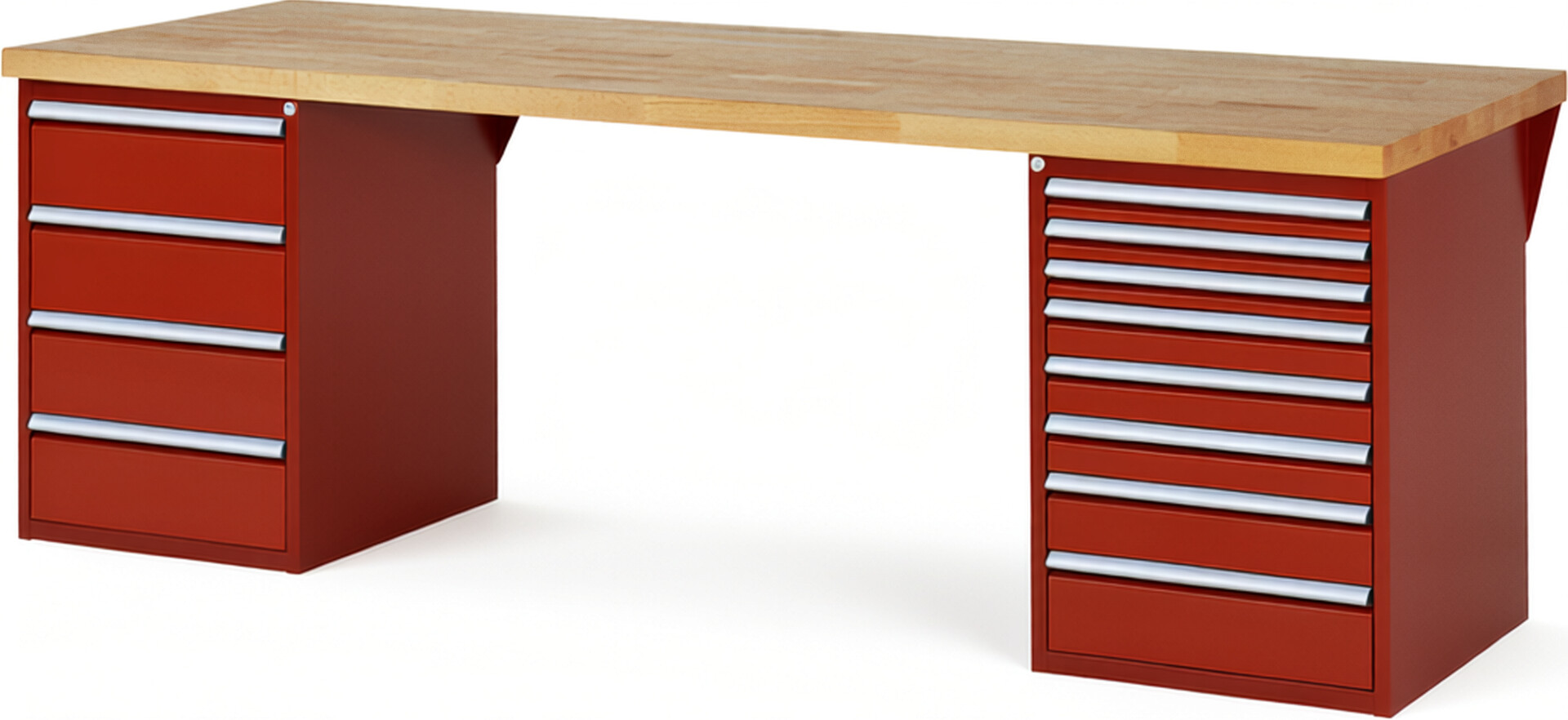 Werkbank Modell 7822 rot, BxTxH 2500x900x890 mm,  Buche-Massiv Arbeitsplatte 40 mm,  12 Schubladen mit  Vollauszug 100 % und  SoftClosing