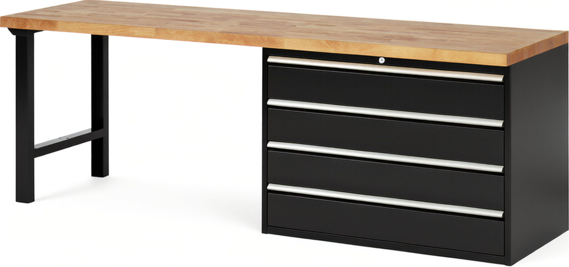Werkbank Modell 7709 schwarz, BxTxH 2500x700x840 mm,  Buche-Massiv Arbeitsplatte 40 mm,  4 Schubladen mit  Vollauszug 100 % und  SoftClosing